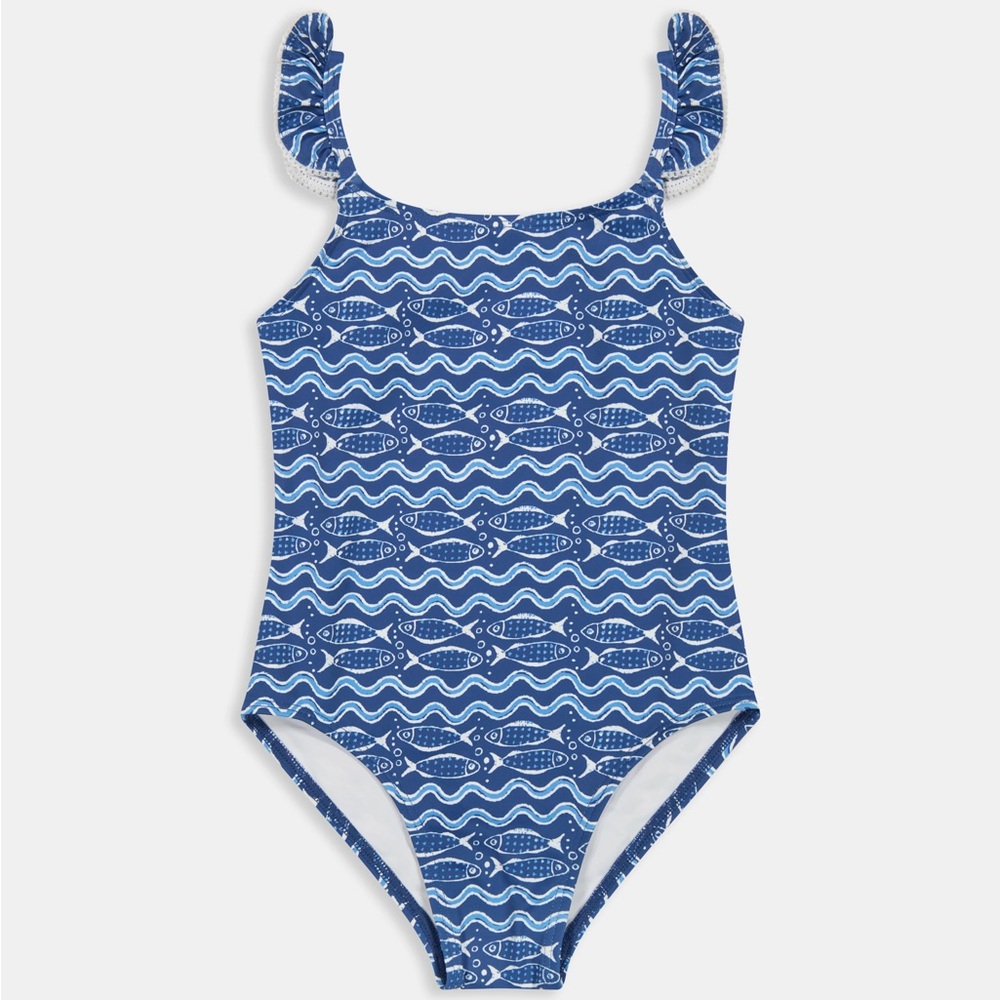 Girls' Roller Rabbit Blue Fish-Print One-Piece Swimsuit in size 10/12 NWT